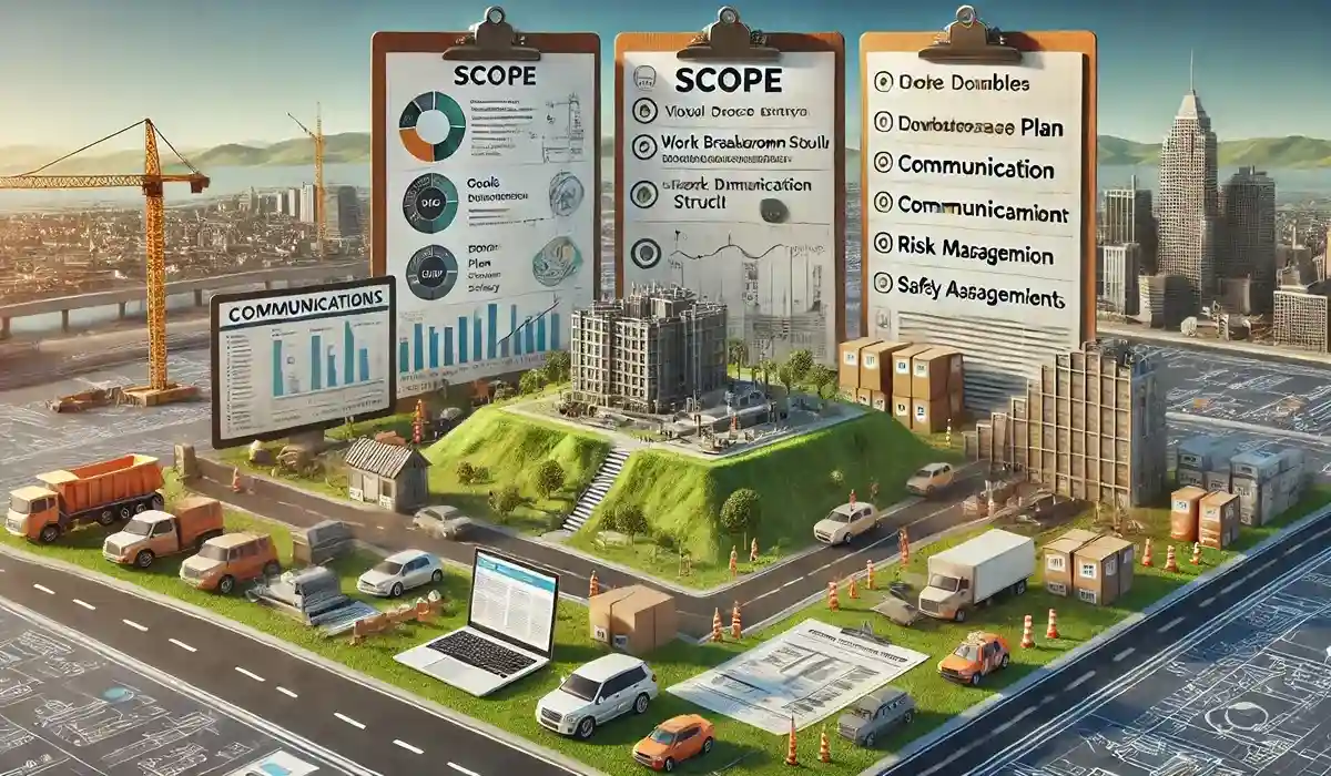 imagem que representa os documentos essenciais de um projeto de construção, como a documentação de escopo, estrutura analítica do trabalho (EAP), plano de comunicação, e gestão de riscos. 