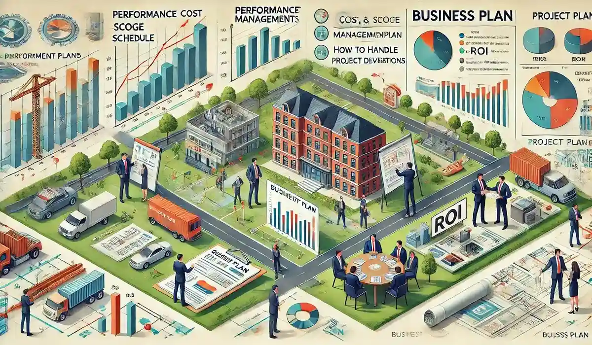 imagem que representa os elementos essenciais de um plano de projeto de construção, incluindo linhas de base, plano de gerenciamento e plano de negócios.