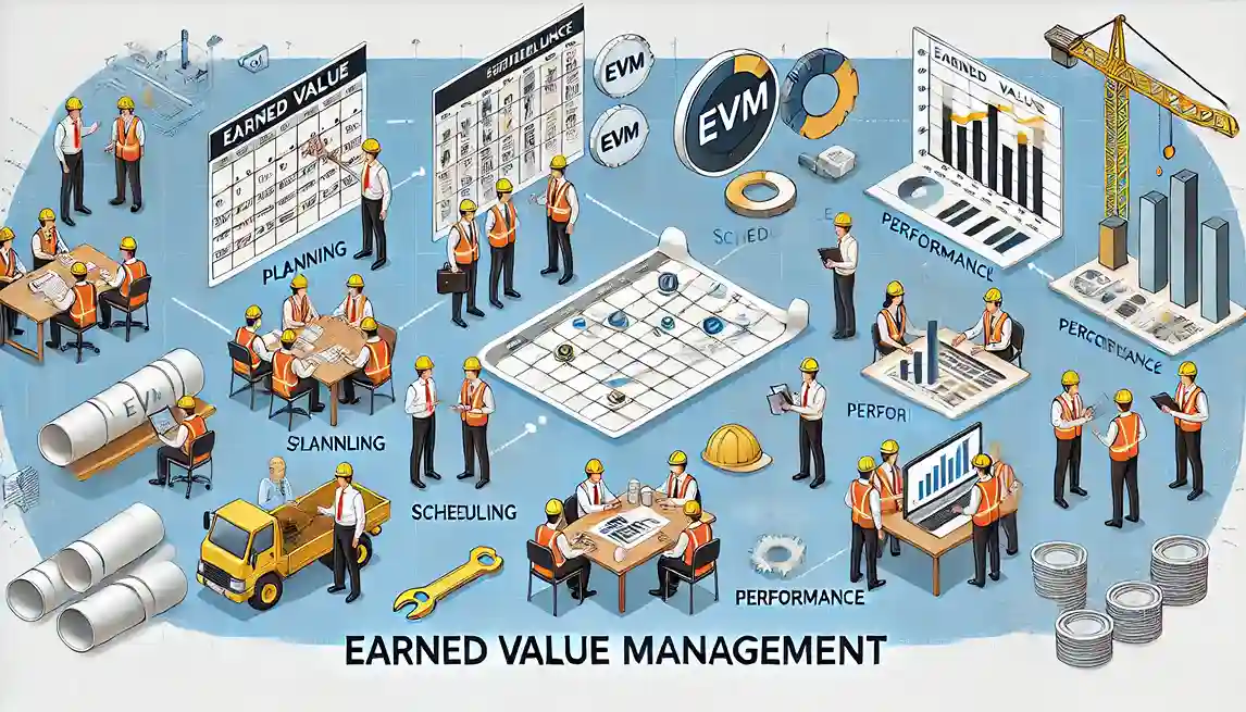 Sequência visual mostrando a implementação do EVM em obras, com planejamento, cronograma e análise de desempenho.