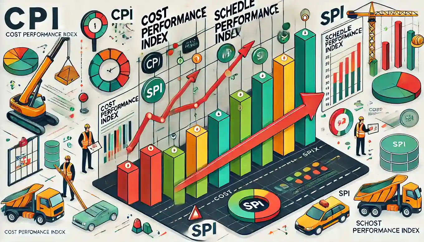 Gráficos ilustrativos dos indicadores CPI e SPI, mostrando a eficiência de custos e prazos em projetos de construção.