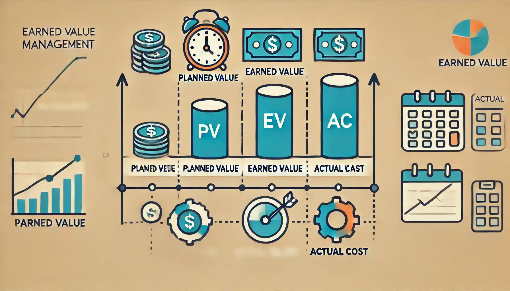Gráfico ilustrando os componentes principais do EVM: Valor Planejado, Valor Agregado e Custo Real.