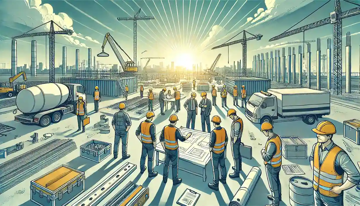 Ilustração de um grupo de trabalhadores e engenheiros em um canteiro de obras, usando capacetes de segurança, analisando materiais e equipamentos