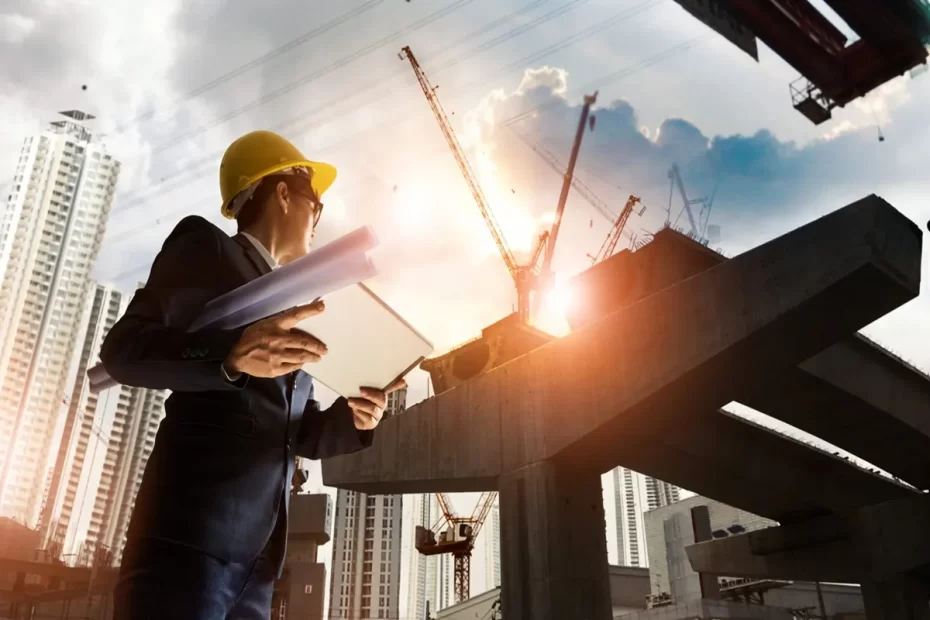 Imagem de um engenheiro ou arquiteto fazendo a gestão da qualidade, revisando plantas de construção em um canteiro de obras, com prédios em construção ao fundo