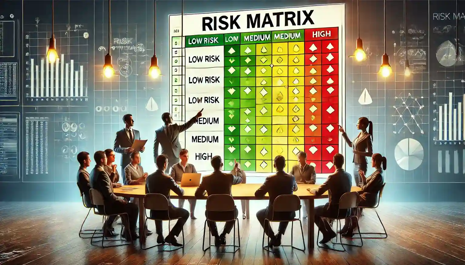 Ilustração de uma matriz de riscos em um gráfico, com diferentes cores e níveis de risco, destacando uma equipe de engenheiros discutindo a matriz em segundo plano