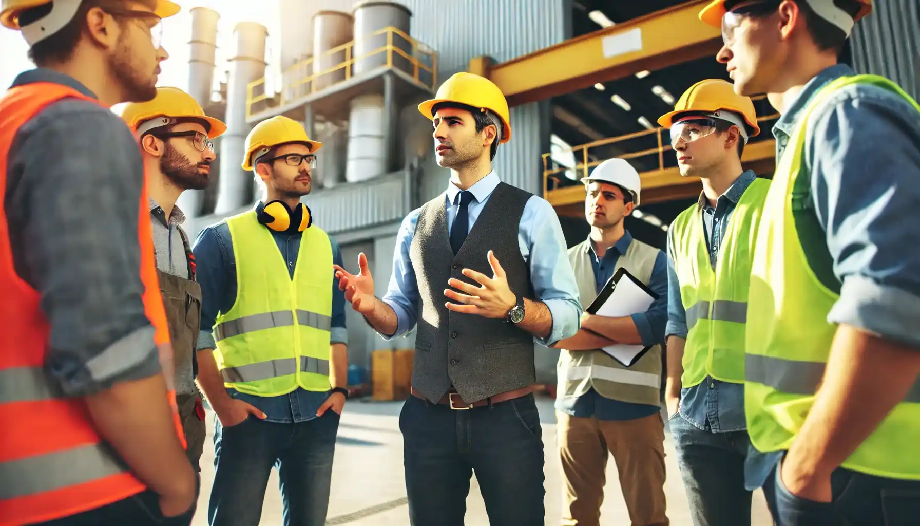 m engenheiro conversando com um grupo de trabalhadores em um canteiro de obras, com gestos de orientação.