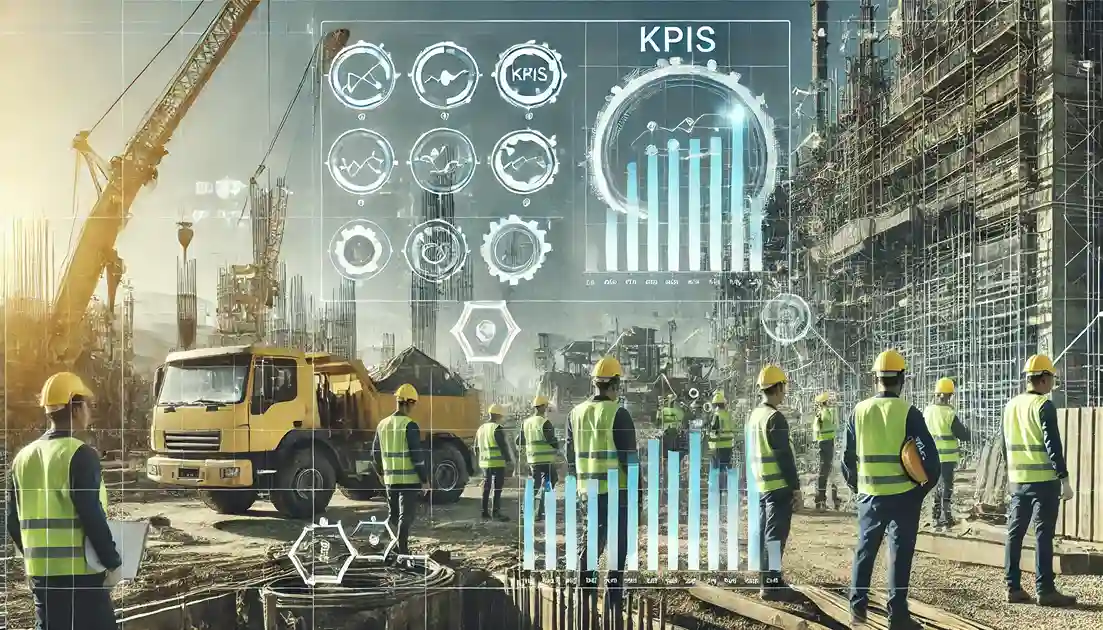 Canteiro de obras com trabalhadores e gráficos de KPIs, representando o monitoramento de desempenho.