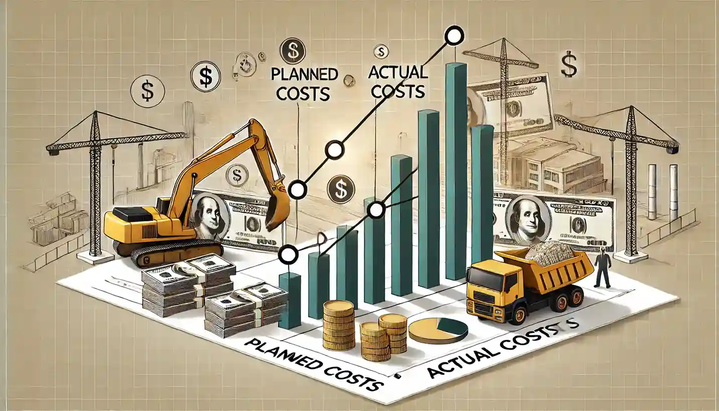 Gráfico com linhas de custo real e planejado, representando a gestão financeira de obras.
