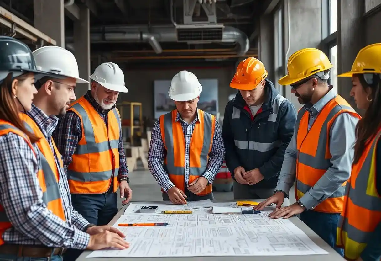 Engenheiros e trabalhadores planejando estratégias de segurança no canteiro de obras.