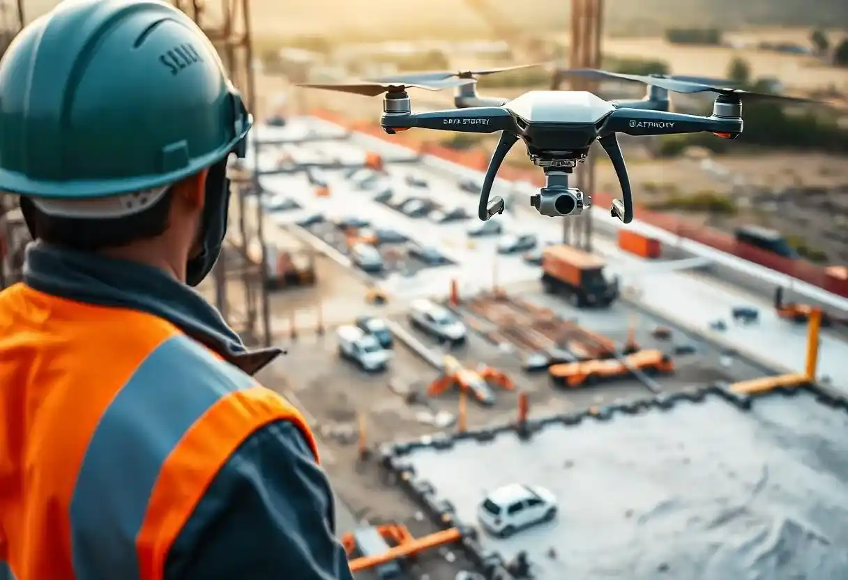 Canteiro de obras com drones e tecnologias de monitoramento para melhorar o planejamento de segurança.