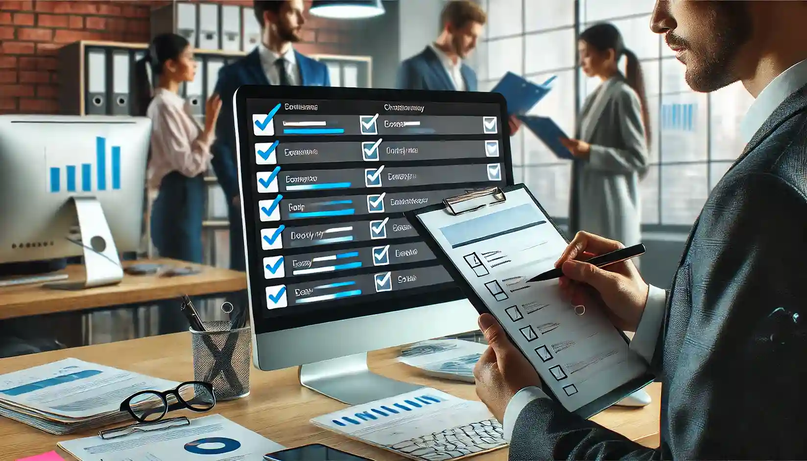 Checklists e gráficos em uma tela de computador, com um profissional segurando uma prancheta e realizando Processo de Revisão Pós-Implementação