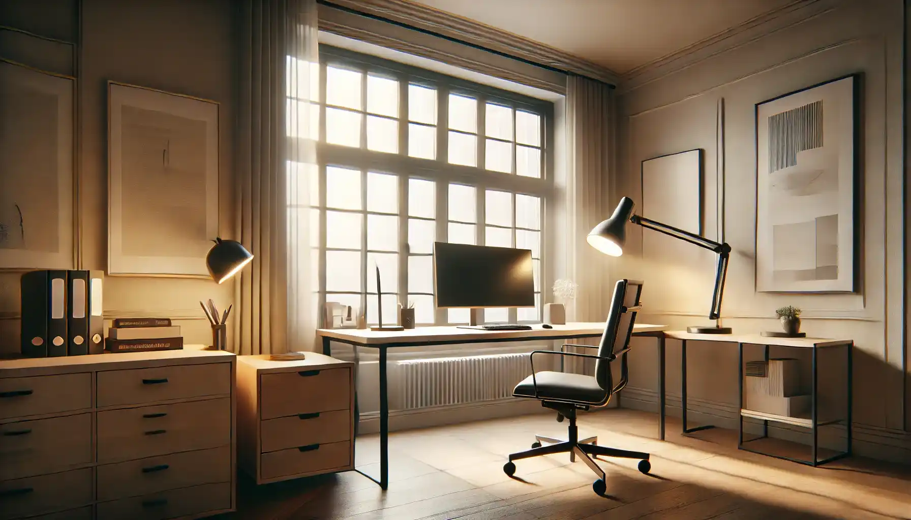 home office com iluminação ideal, combinando luz natural e artificial para promover produtividade e conforto.