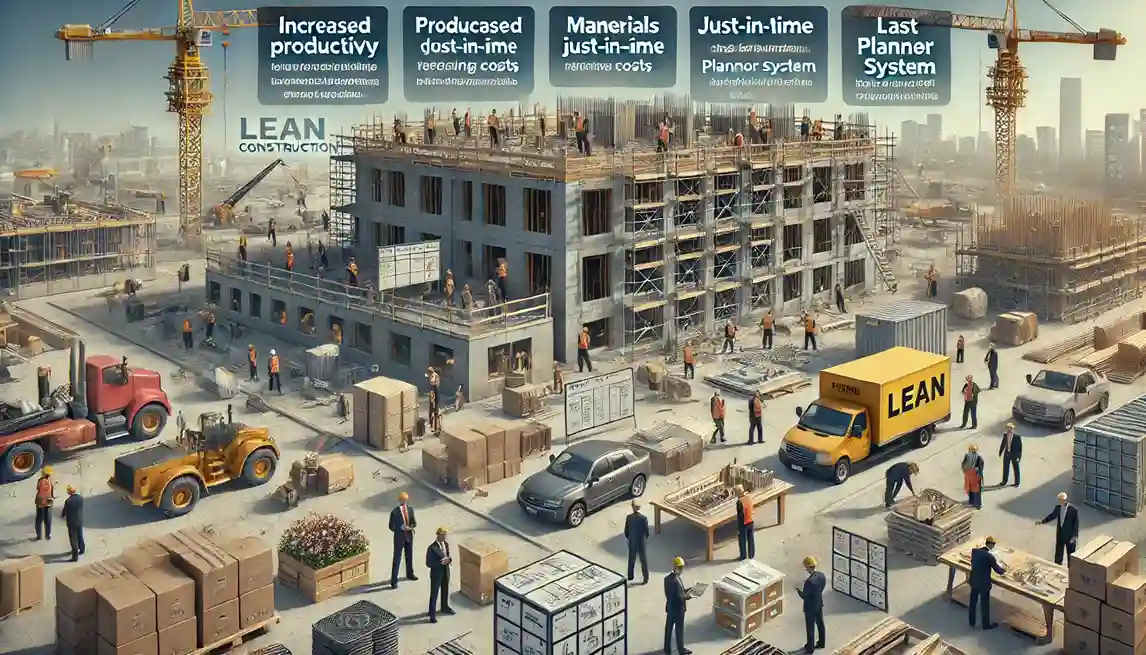 imagem que destaca os benefícios do Lean Construction no canteiro de obras, como aumento da produtividade, redução de custos, comunicação eficiente e alta qualidade.