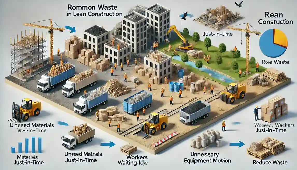 imagem mostrando os desperdícios comuns em um canteiro de obras e as soluções do Lean Construction para reduzi-los, com um contraste entre práticas ineficientes e eficientes.