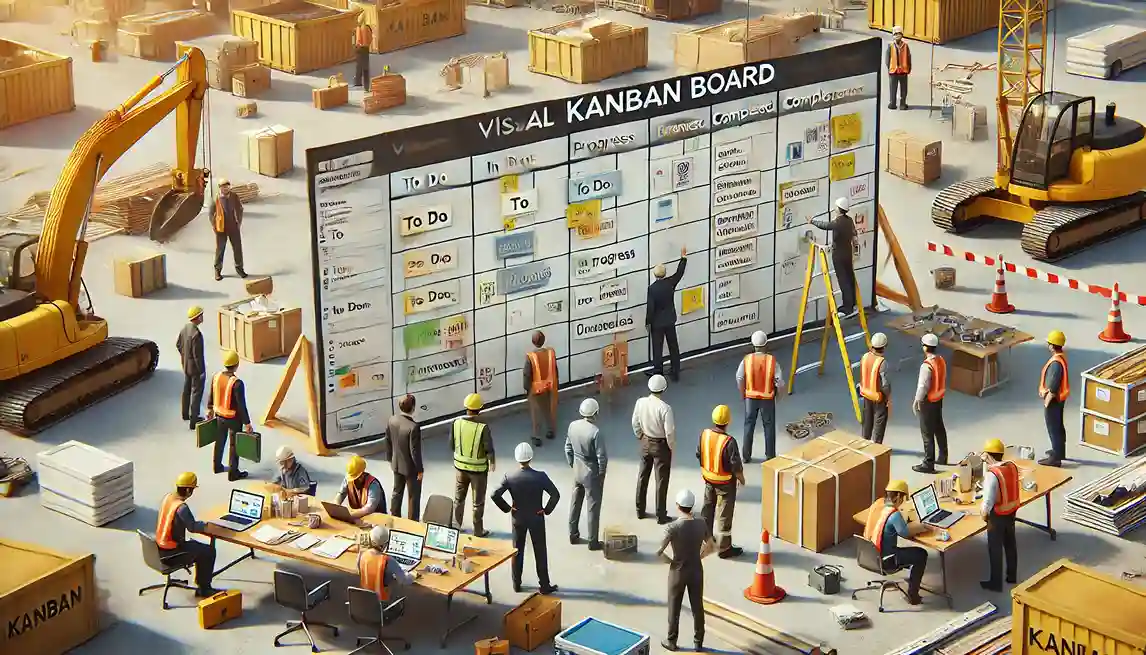 imagem que ilustra o uso do Kanban em um canteiro de obras, com a equipe visualizando e gerenciando o fluxo de trabalho de forma eficiente.